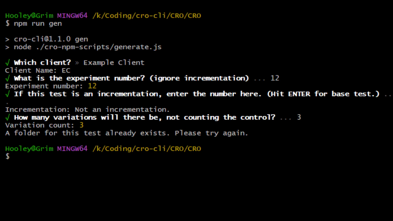 gif of the CRO CLI tool in action, generating files for an A/B test