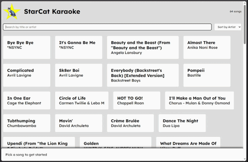 StarCat karaoke demo: choosing song, playing song